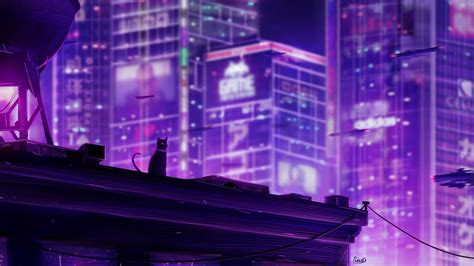 Wallpaper cat, roof, city, future, neon, backlight hd, picture, image