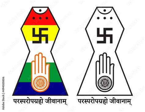 Jain logo with five colour flag background. Jainism emblem with Jain flag. Jain Pratik Chinha ...