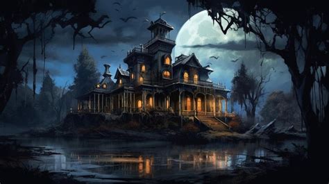 Premium AI Image | A haunted mansion with ghosts floating around it