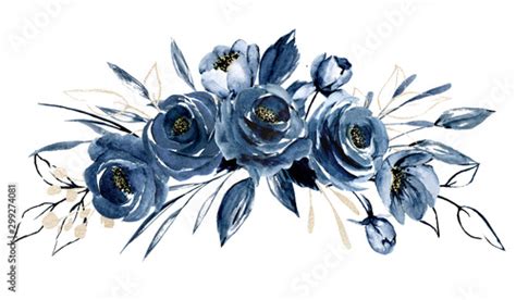 Navy blue flowers watercolor, floral clip art. Bouquet roses perfectly for printing design on ...