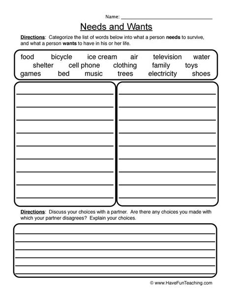 Needs And Wants Worksheet For Kids