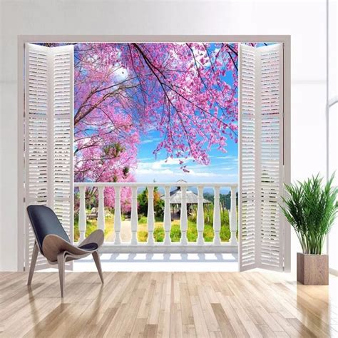 Mural 3D de pared Ventana con vistas a cerezo en flor - Decomural3D