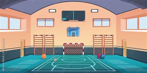 Cartoon school court. Gym with basketball basket and football goal or ...