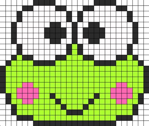 an image of a cross stitch pattern that looks like a green frog with pink eyes