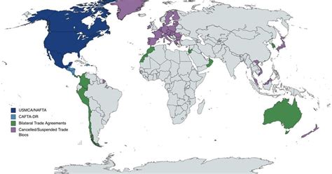 World map of US trade blocs and agreements : neoliberal