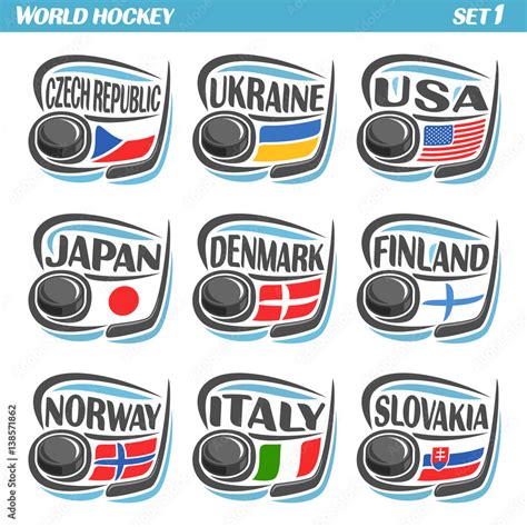 Vector set Flags of European Countries with Ice Hockey Puck: Logo ...