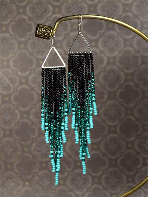 Beaded Earrings Turquoise Earrings Emerald and Black Color - Etsy