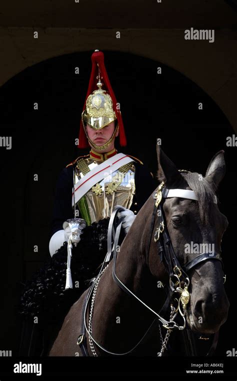 British soldier of the Blues and Royals regiment mounted on horseback ...