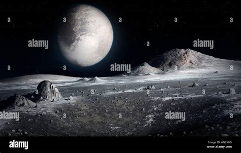 A view of Pluto seen from the surface of its largest moon Charon ...