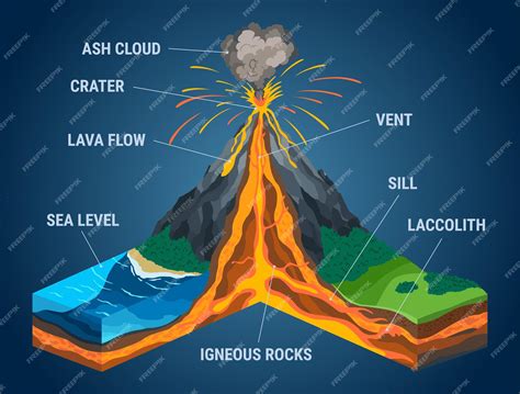 Premium Vector | Isometric of volcano in cross section infographic. structure with indicating of ...