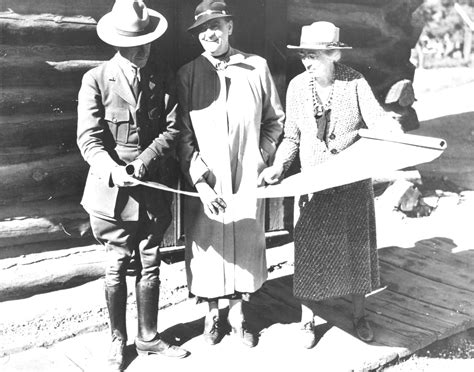 Architect Mary Colter, Mrs. Ickes and a U.S. Forest Ranger reviewing ...