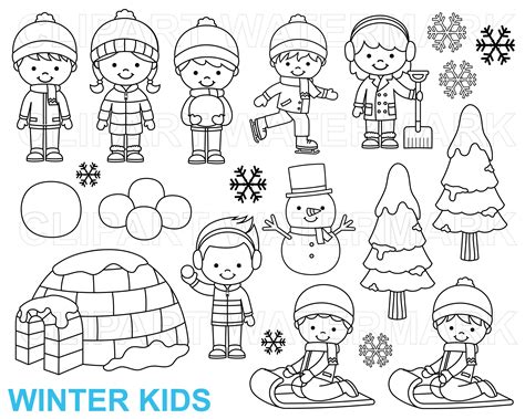 Playing Children Black And White Clipart Christmas