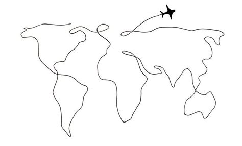 Digital print world map line art one line drawing with airplane, black white, print poster ...