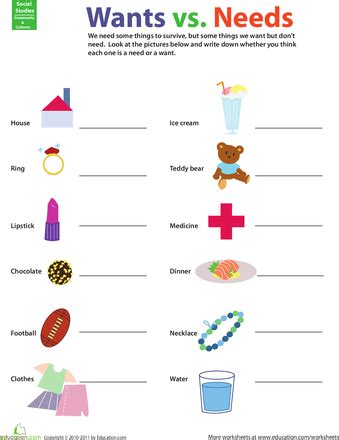 Wants vs. Needs | Worksheet | Education.com | Social studies worksheets, Social studies lesson ...