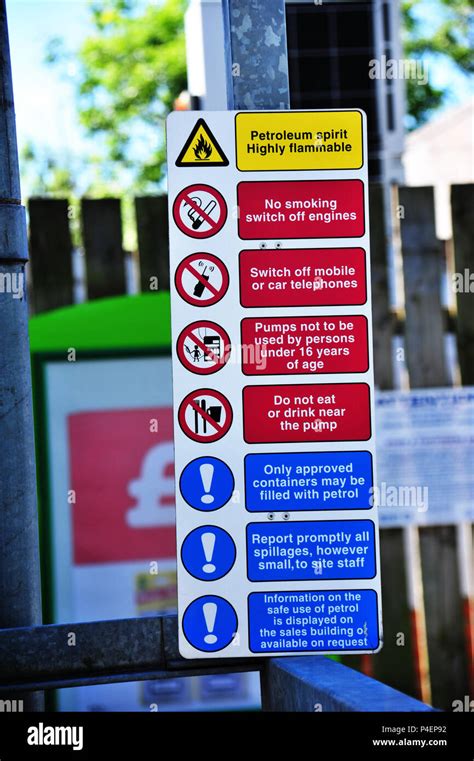 Petrol station warning signs, instructions and rules on the fuel ...