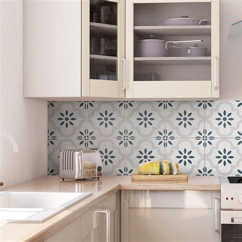 Kitchen Backsplash Decor - Grey Blue Flower Pattern - Moonwallstickers.com