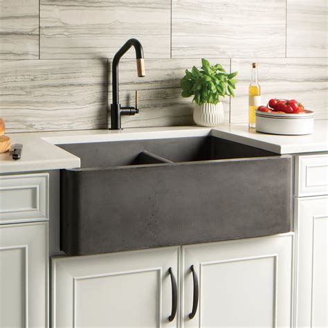 double bowl farmhouse sink slate dark grey concrete curved apron edges unique natural stone ...