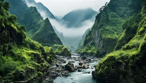 Premium AI Image | Shot of mountain waterfall partially hidden by mist