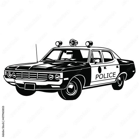 Police car realistic sketch. Vector illustration in black and white. Coloring paper, page, book ...