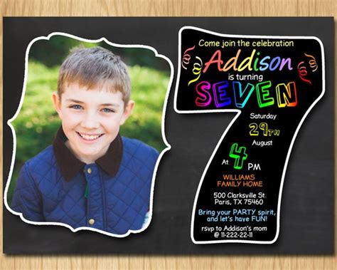 7th birthday invitation chalkboard invite rainbow colors seventh birthday party boy girl ...