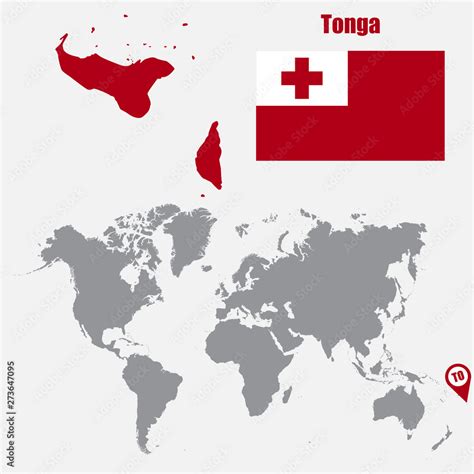 Tonga map on a world map with flag and map pointer. Vector illustration ...