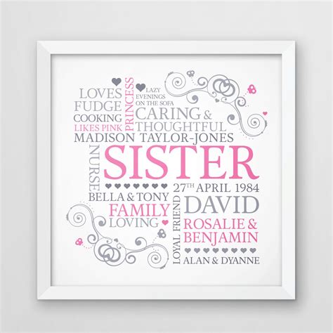 Sister word art sister print personalised gift gift for