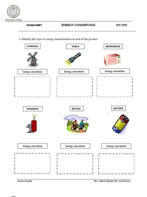 Energy Transformation Worksheets