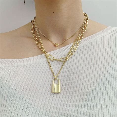 Lock Chain Pendant Layered Necklace in Gold - Retro, Indie and Unique Fashion