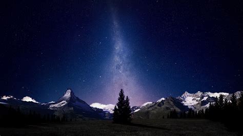 Wallpaper : trees, forest, mountains, galaxy, sky, stars, space art, moonlight, starry night ...