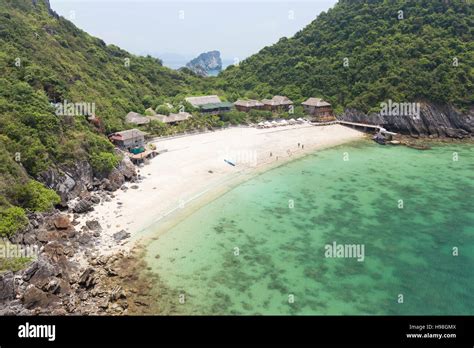 Monkey island resort on this small beach on monkey island, Cat Ba National Park, Lan Ha Bay ...