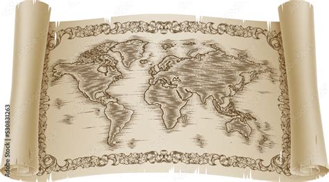 World Map Drawing Old Woodcut Engraved Scroll Stock Illustration | Adobe Stock