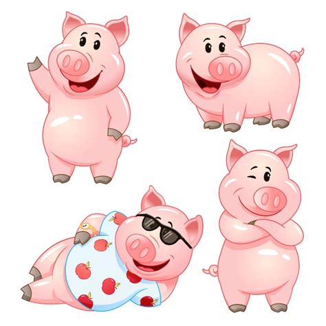 Personnages De Cochon Dessin Animé Mignon Dans Diverses Poses. Ensemble D'illustration ...