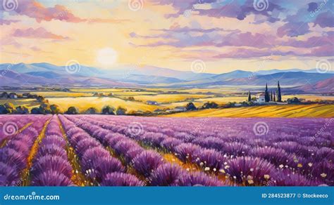 Lavender Field at Sunset in Paris: Realistic Landscape Oil Painting ...