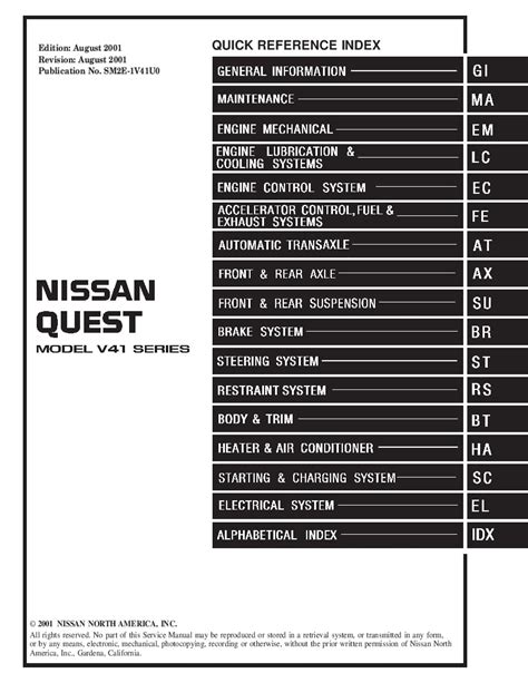 Nissan Quest 1999-2002 Full Repair Service Manual Download - Service ...