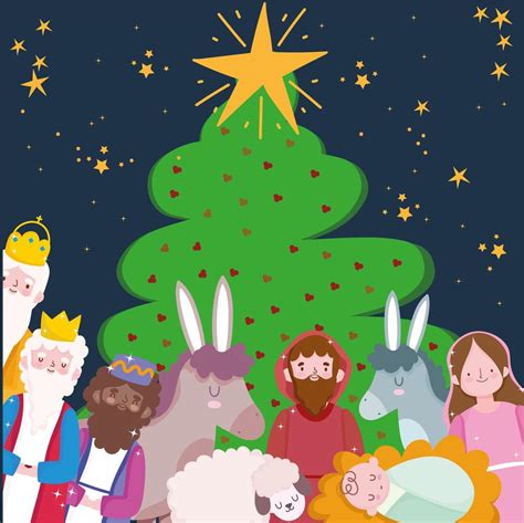 nativity, manger scene characters with tree and animals cartoon 3745653 Vector Art at Vecteezy