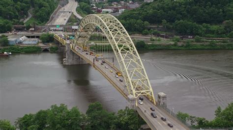 4.8K stock footage aerial video orbiting Fort Pitt Bridge, Downtown ...