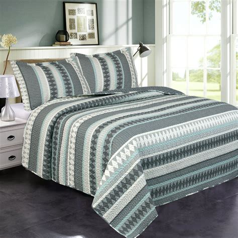 Stripe Grey Green 3 Piece Quilt Bedding Set, King Size,Bedspread ...