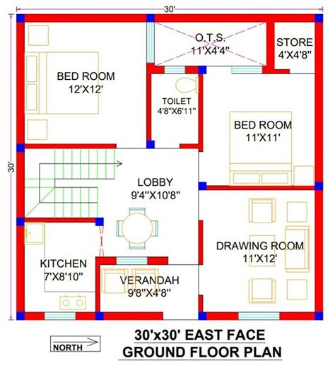 30x30 House Plan | East Facing | 2bhk | 900 sq ft