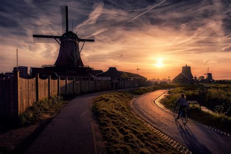 Windmill, sunset, windmill, road, fence HD wallpaper | Wallpaper Flare