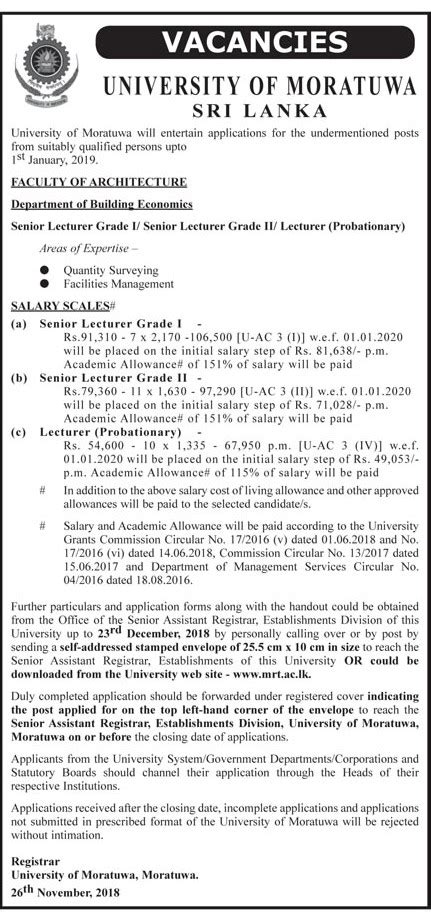 Senior Lecturer, Lecturer - Faculty of Architecture - University of Moratuwa - Gazette.lk