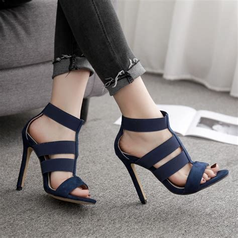 Blue Navy Suede Strappy High Heels Stiletto Sandals Shoes