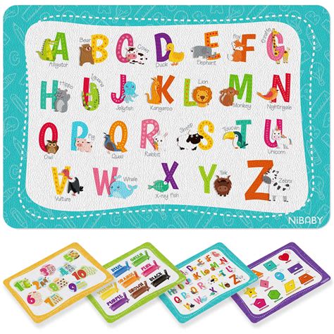 NiBaby Kids' Non Slip Educational Placemats Set of 4, Children's Interactive Washable Placemats ...