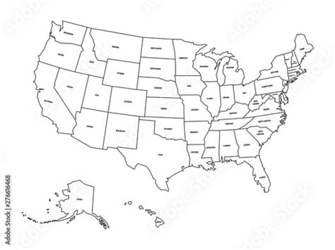 Political map of United States od America, USA. Simple flat black outline vector map with black ...