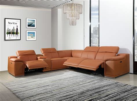 Global United Furniture 9762 Camel Genuine Italian Leather 3-Power Reclining 6PC Sectional with ...