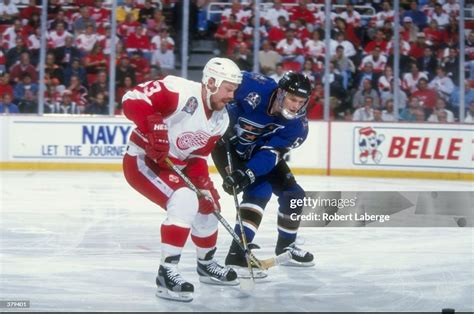 Kris Draper of the Detroit Red Wings in action against Sergei Gonchar ...