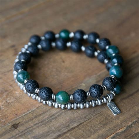 Lava Rock and Moss Agate Men's Wrap Bracelet, Heart Chakra Bracelet