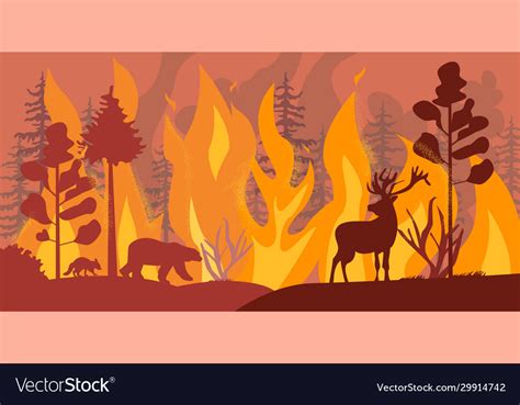 Silhouettes wild animals at fire forest Royalty Free Vector