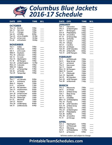 Columbus Blue Jackets Schedule Printable