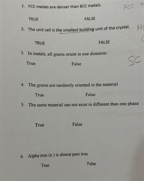 Solved 1. FCC metals are denser than BCC metals. TRUE FALSE | Chegg.com