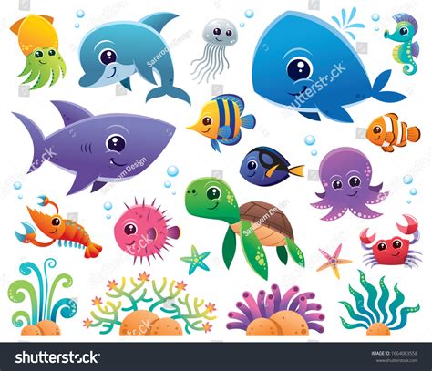 Vector Illustration Sea Animals Cartoon Set Stock Vector (Royalty Free ...